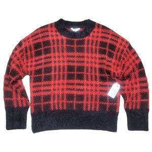 Time & Tru NWT Sweater Womens SIZE Large Black Red Plaid Fluffy Cozy Pullover